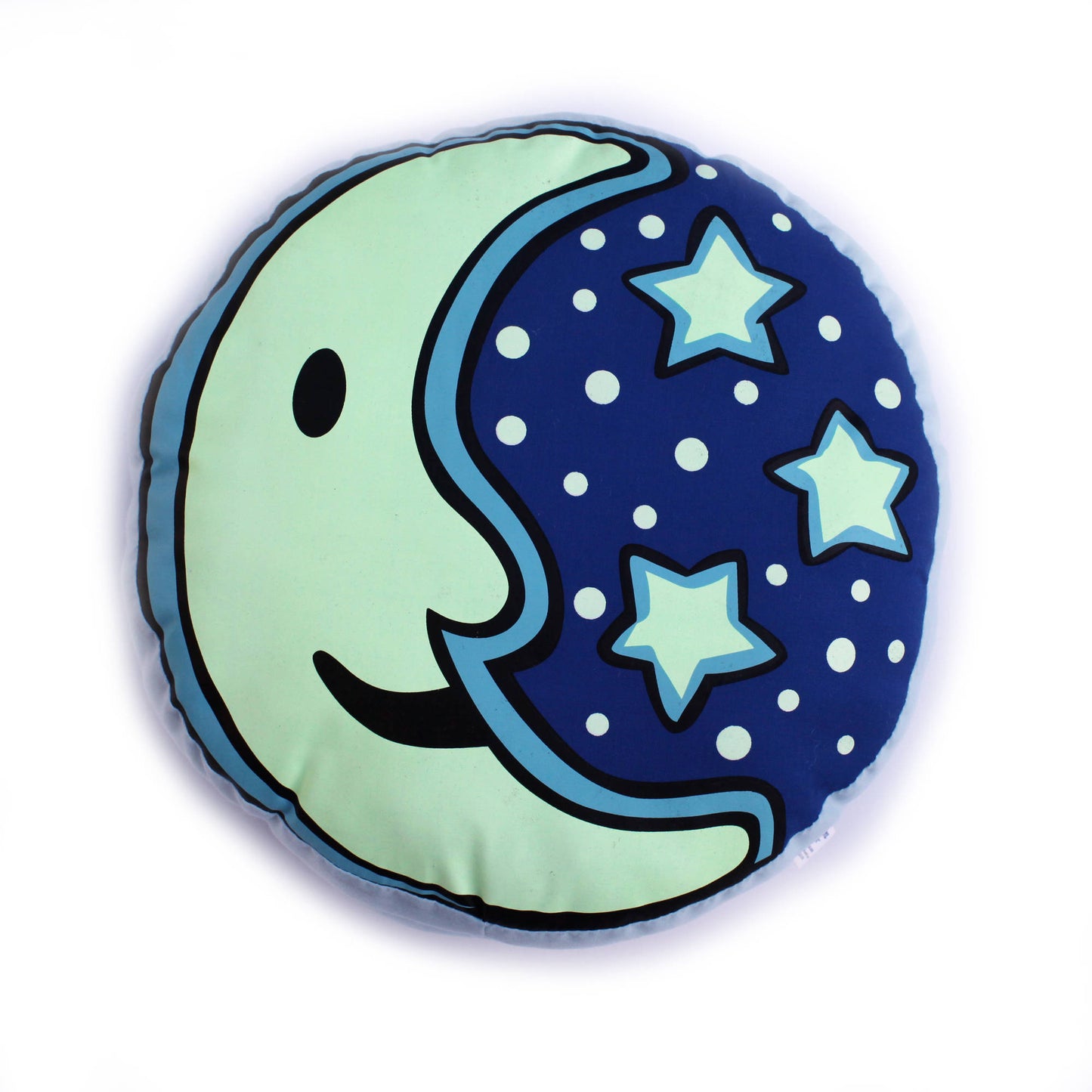 Dream Frenz Marlin glow-in-the-dark plush with mint green smiling moon face on one side and dark blue starry night side with pale yellow stars and white dots