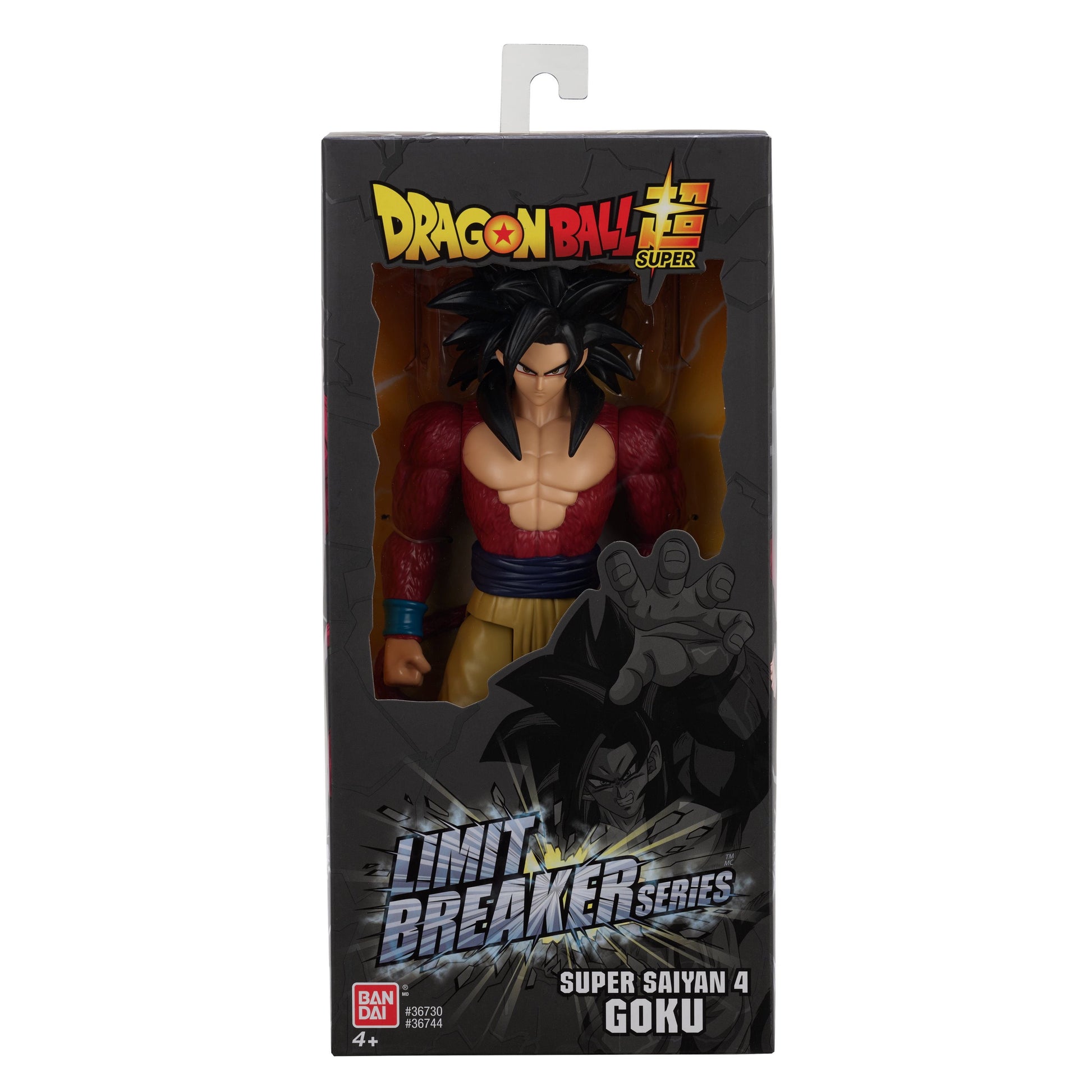 Dragon Ball Super Saiyan 4 Goku action figure in Limit Breaker Series packaging, showing character with black spiky hair, red fur-covered chest and shoulders, a