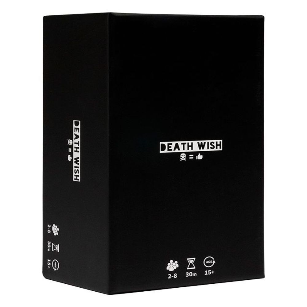 Death Wish Strategy Card Game box, black packaging with white text logo and game icons showing 2-8 players, 30 minute play time, ages 15+