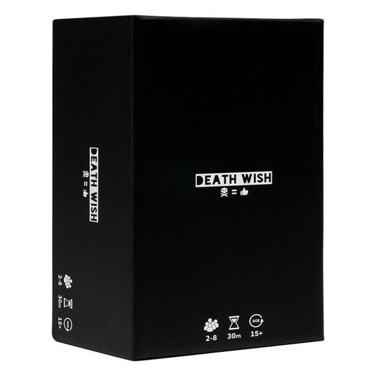 Death Wish Strategy Card Game box, black packaging with white text logo and game icons showing 2-8 players, 30 minute play time, ages 15+