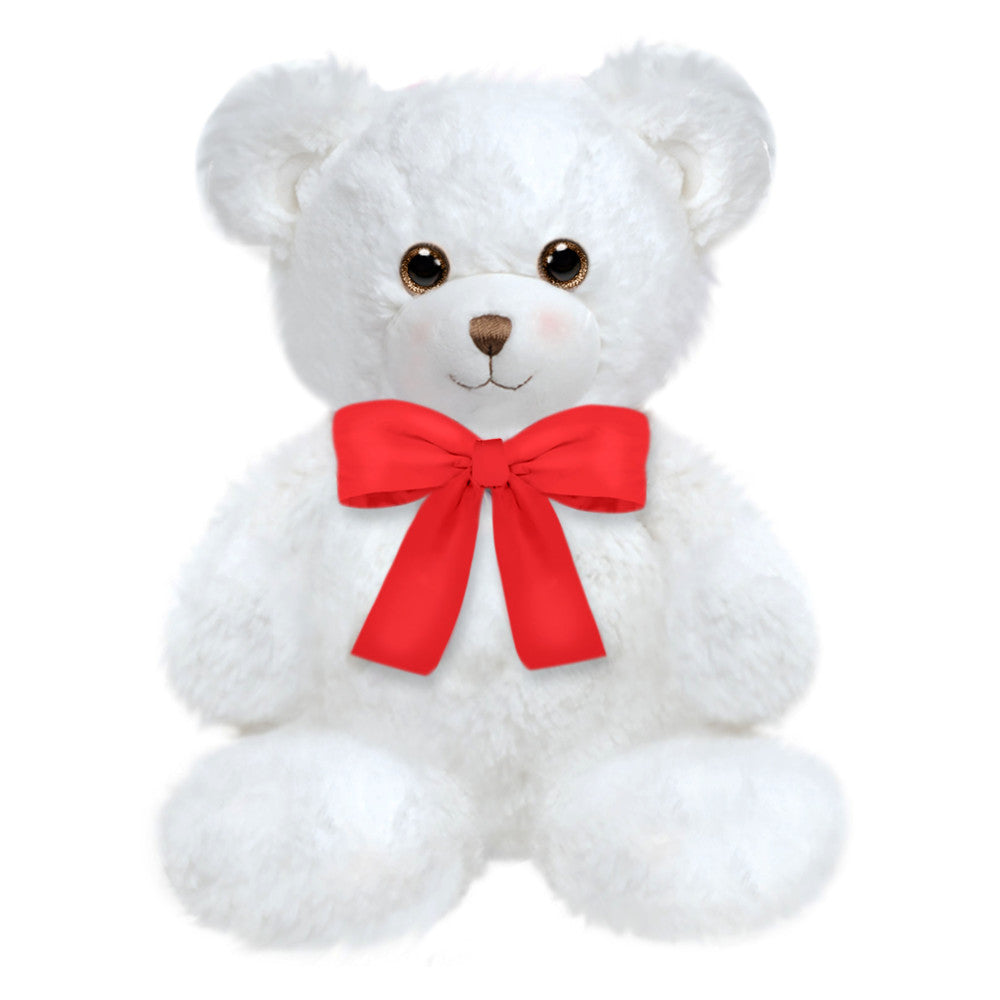 White plush teddy bear with brown nose and eyes wearing a red bow