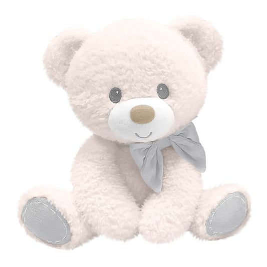Cream-colored plush teddy bear with gray inner ears, paw pads, and embroidered eyes and smile, wearing a gray ribbon bow