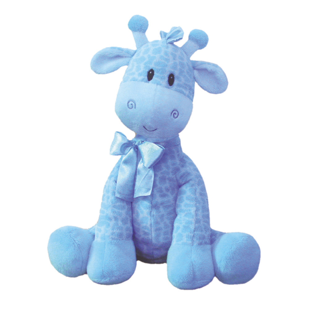 Blue plush giraffe with spotted pattern, embroidered face details, and light blue bow at neck