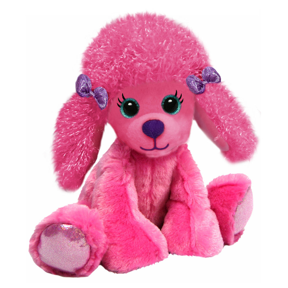 Pink plush poodle with fluffy texture, purple glittery ears with bows, green eyes with black lashes, purple nose, and mesh paw pads