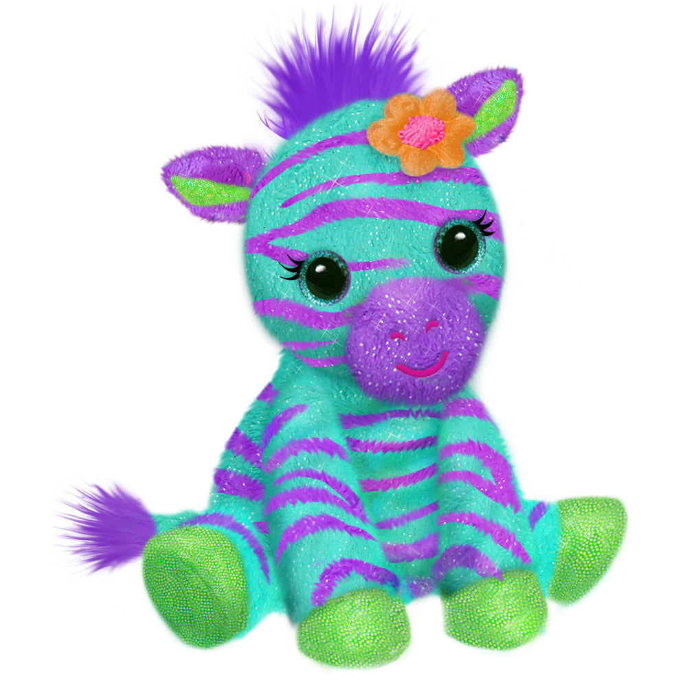 Colorful plush zebra with turquoise and purple sequin body, purple mohawk mane, lime green feet, orange flower accessory, and large eyes
