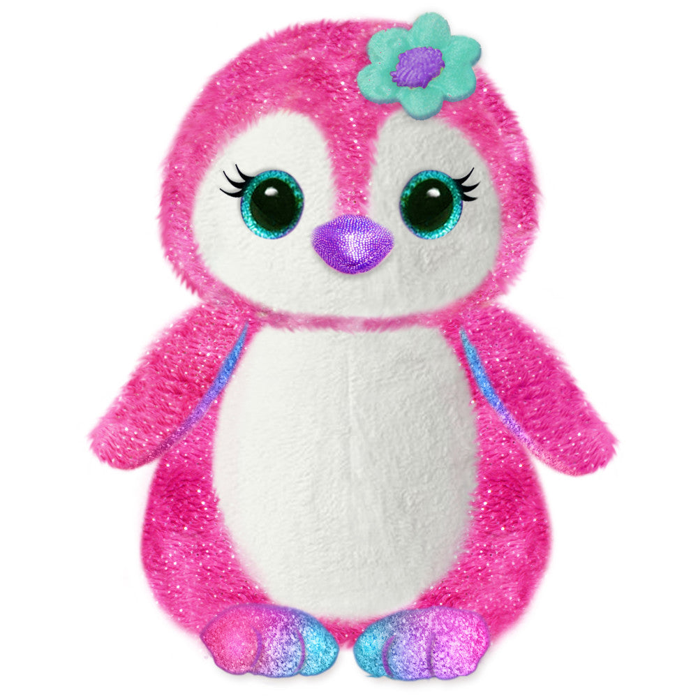 Pink and white plush penguin with sparkly sequin texture, turquoise eyes with black lashes, purple beak, mint green flower hair clip, and multicolored glittery