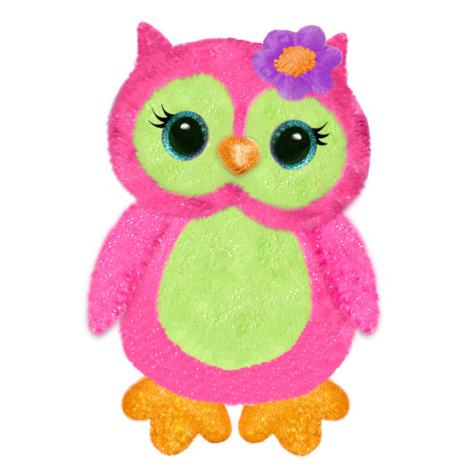 Plush owl with hot pink body, lime green face and belly, large blue eyes with black pupils and lashes, orange beak, purple flower on head, and orange feet