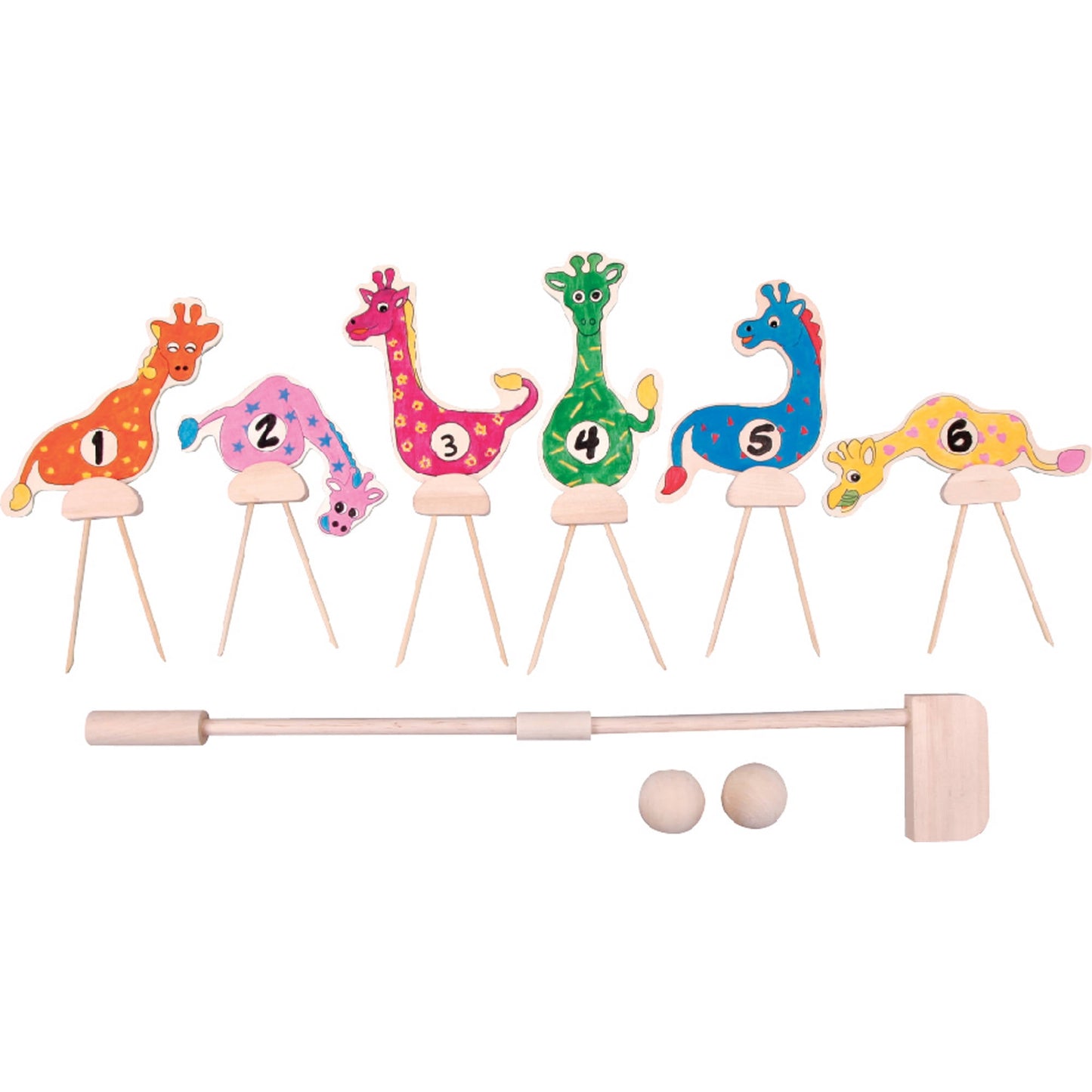 Colorful croquet set with six numbered animal-shaped strikers including orange giraffe, pink elephant, pink flamingo, green giraffe, blue seahorse, and yellow b