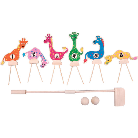 Colorful croquet set with six numbered animal-shaped strikers including orange giraffe, pink elephant, pink flamingo, green giraffe, blue seahorse, and yellow b