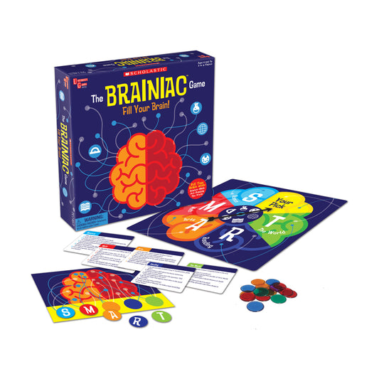 Scholastic The Brainiac Game box with game board, cards, and colored tokens displayed. Brain-themed board game with category wheels and trivia cards for 2-6 pla