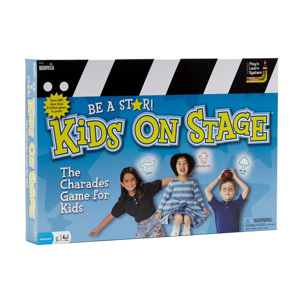 Kids on Stage Charades Board Game box showing three children demonstrating charades poses with simple icons above them