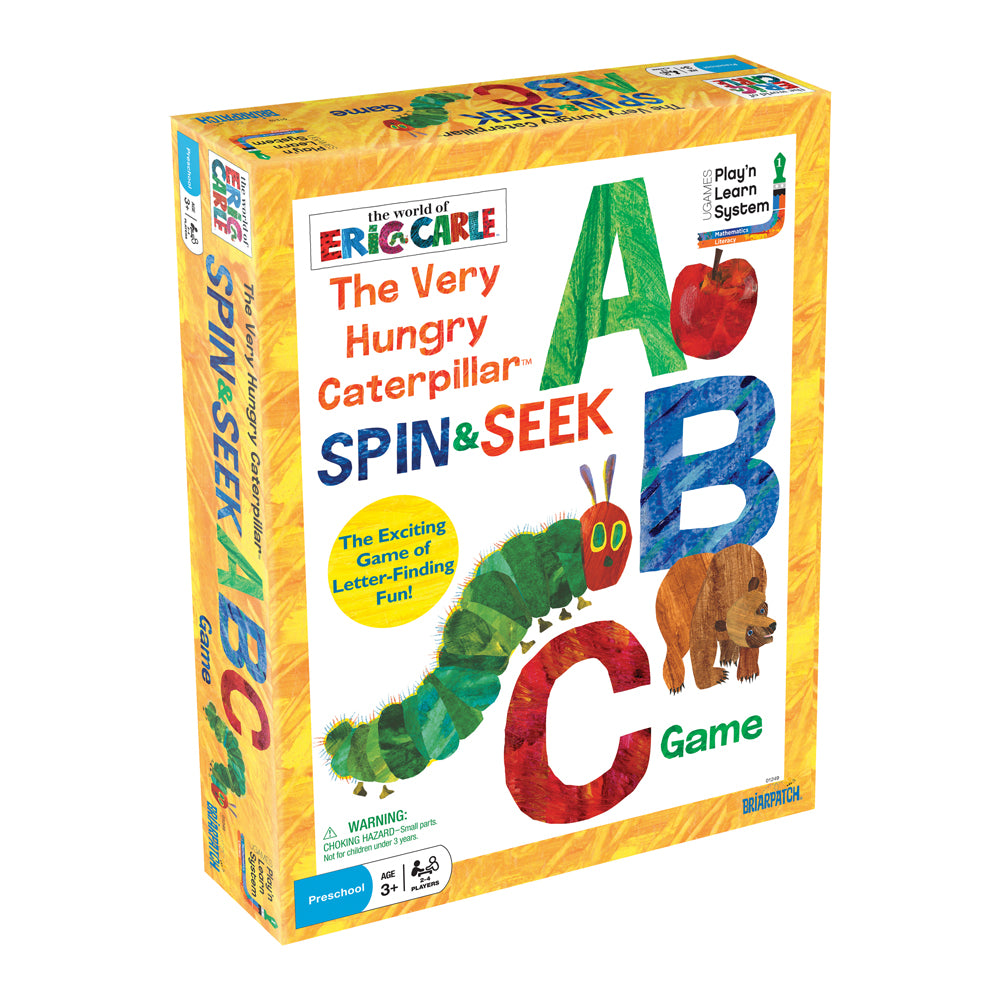 The Very Hungry Caterpillar ABC Spin & Seek board game box featuring large colorful letters A, B, C with matching illustrations including an apple, bear, and ca