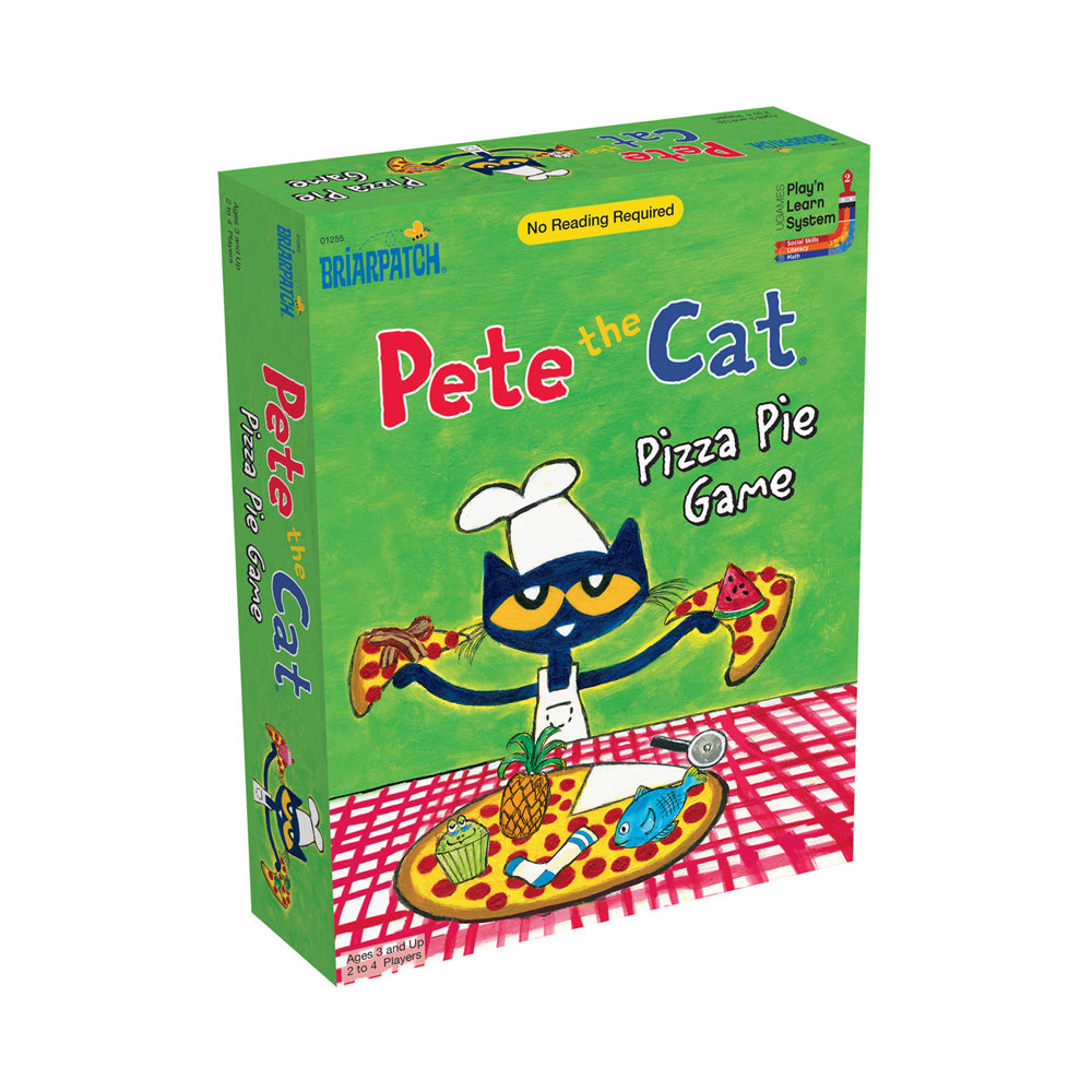 Pete the Cat Pizza Pie Game box featuring cartoon cat character holding pizza slices on green background with red checkered tablecloth design