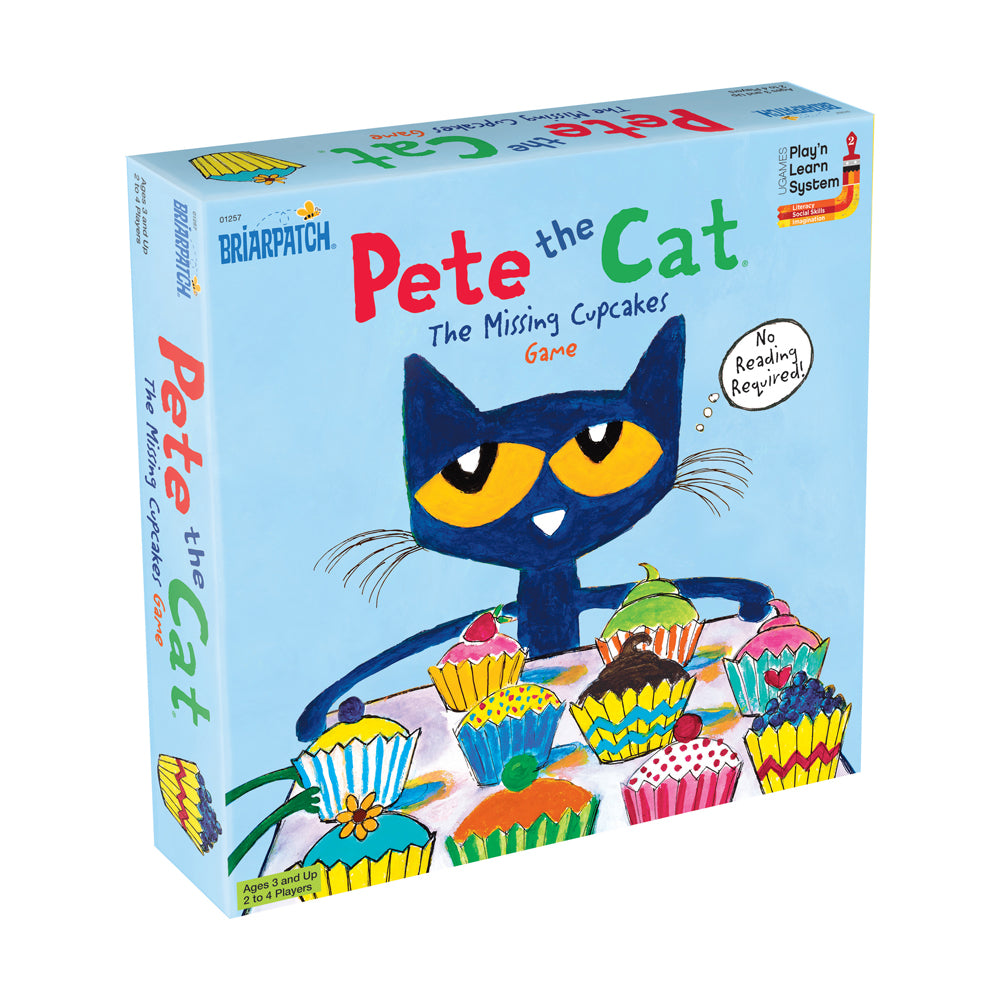 Pete the Cat The Missing Cupcakes board game box featuring a blue cat with yellow eyes and colorful cupcakes, labeled Play'n Learn System, ages 3 and up, 2 to 4