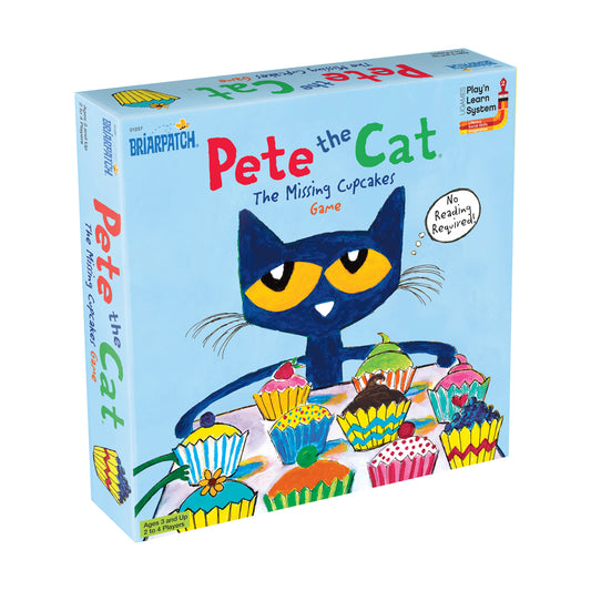 Pete the Cat The Missing Cupcakes board game box featuring a blue cat with yellow eyes and colorful cupcakes, labeled Play'n Learn System, ages 3 and up, 2 to 4
