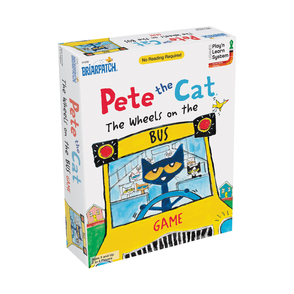Pete the Cat Wheels on the Bus board game box featuring a blue cat character in a yellow school bus with traffic lights and town scenery