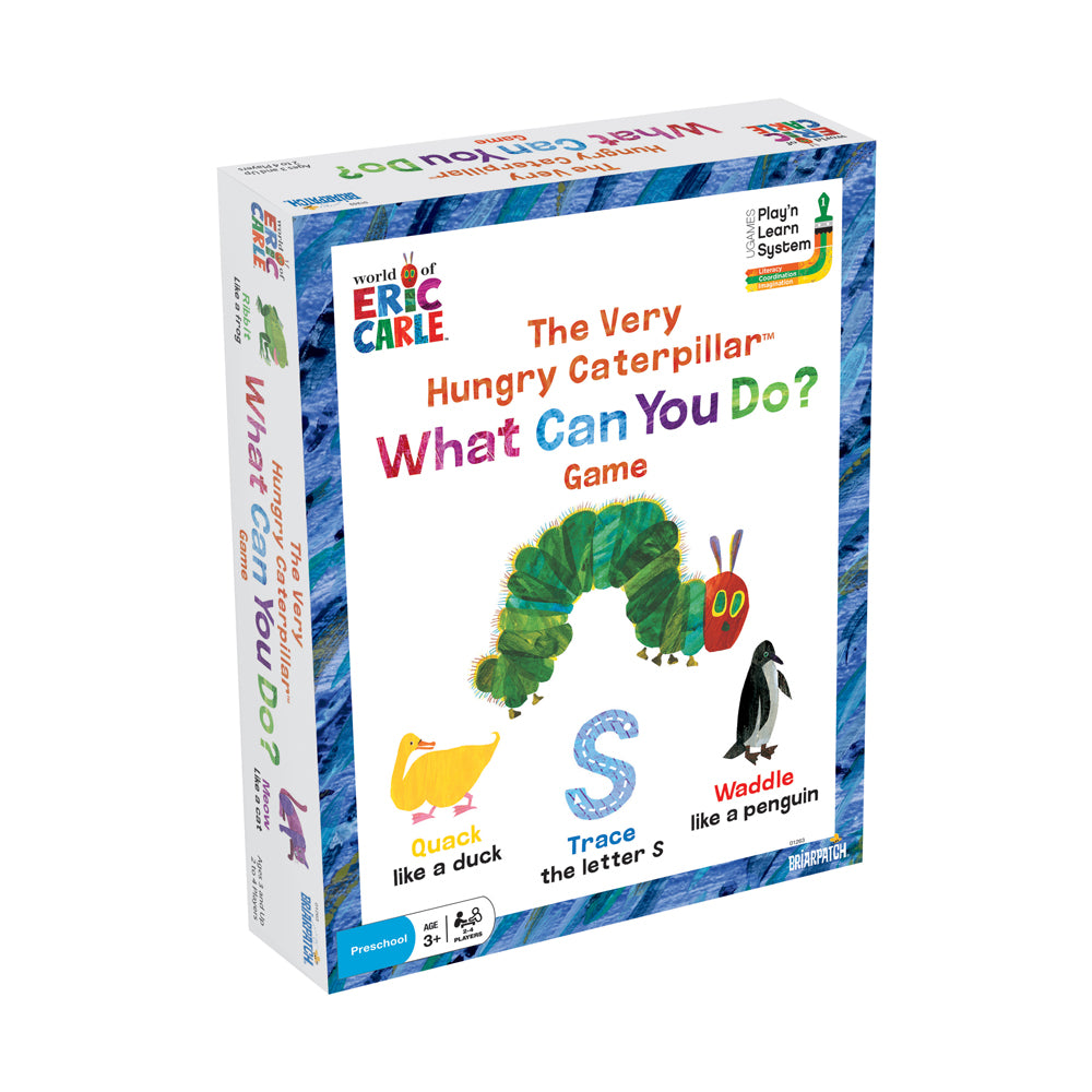 The Very Hungry Caterpillar What Can You Do? Game box featuring Eric Carle artwork with a green caterpillar, yellow duck, penguin, and letter S on white backgro
