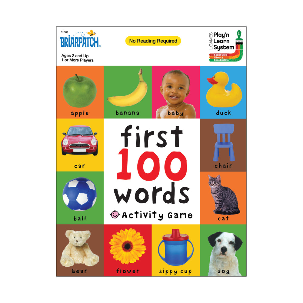 Briarpatch First 100 Words Activity Game with colorful cards showing apple, banana, baby, duck, car, chair, ball, cat...