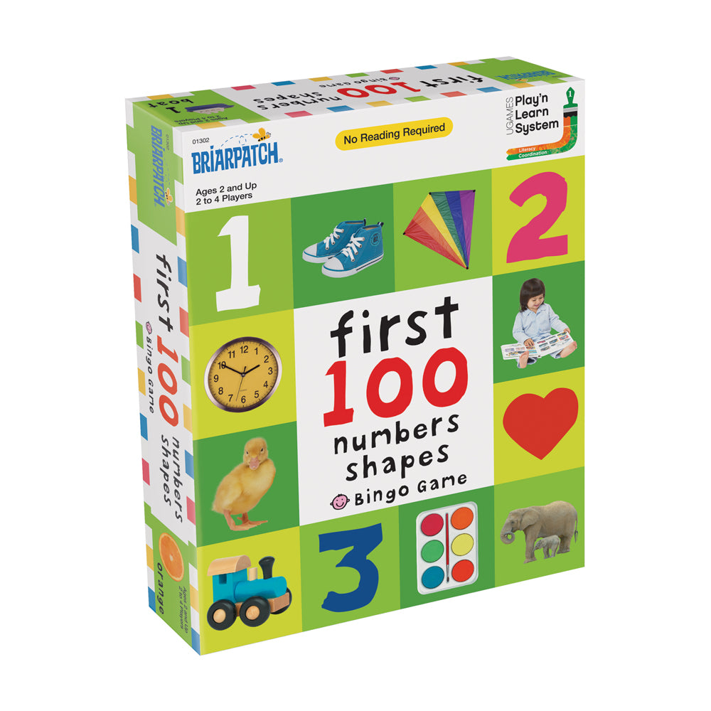 Briarpatch First 100 Numbers Shapes Bingo Game box showing colorful grid with numbers, shapes, clock, toy train, duck, heart, shoe, kite, and child playing, age