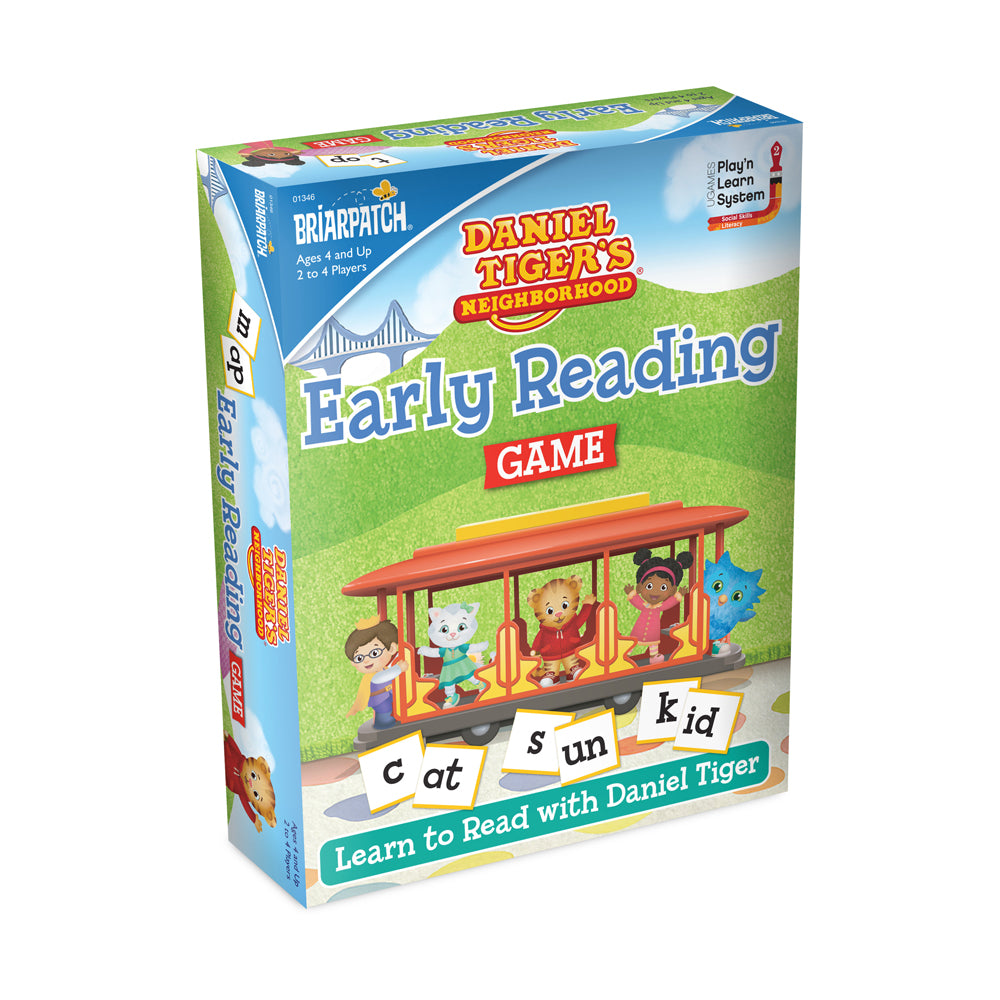 Daniel Tiger's Neighborhood Early Reading Game box showing cartoon characters on a red streetcar with word cards spelling 'cat sun kid', ages 4 and up, 2 to 4 p