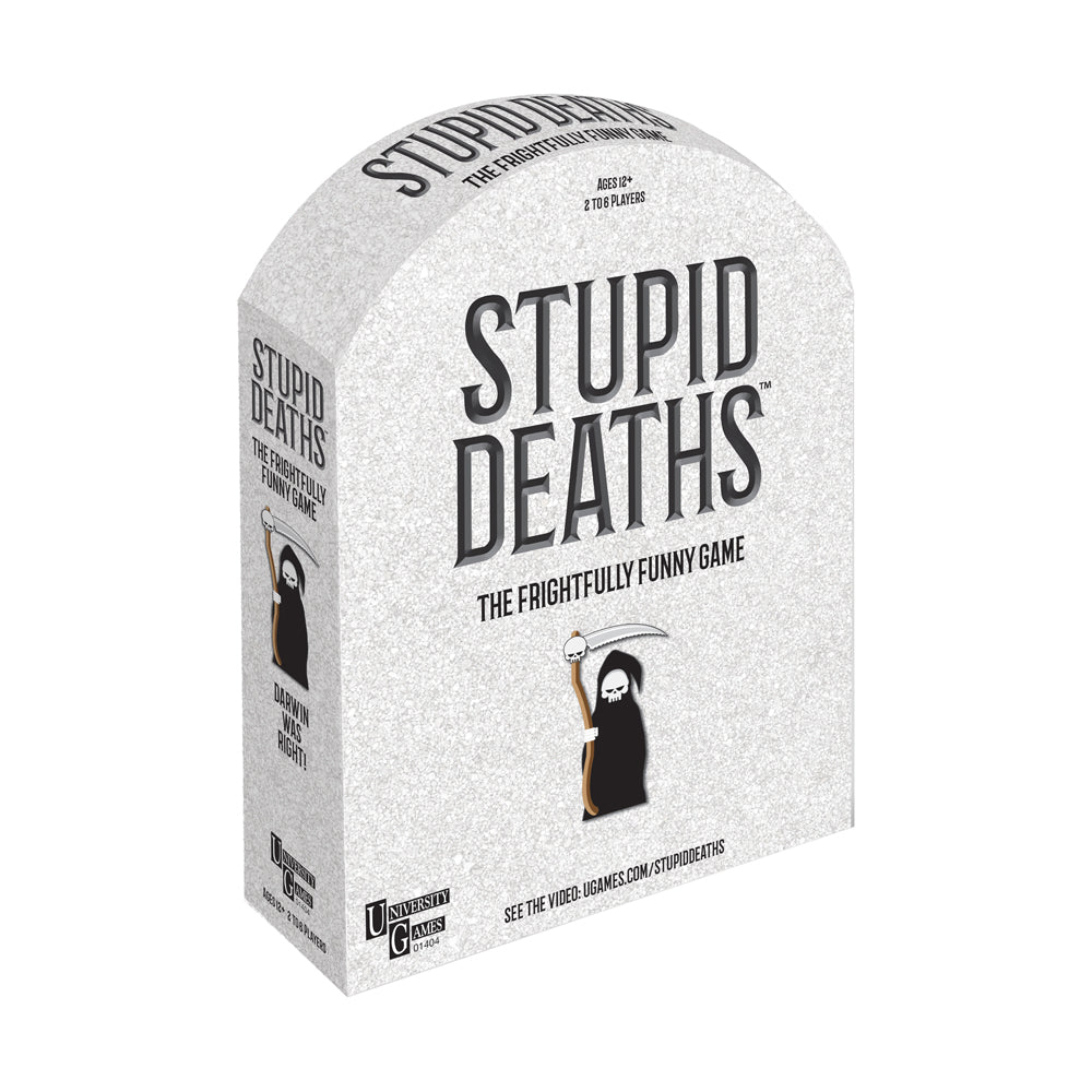 Stupid Deaths board game box with white packaging, black grim reaper illustration, and text reading "The Frightfully Funny Game", ages 10+, 2 to 6 players