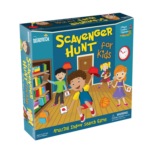 Briarpatch Scavenger Hunt for Kids game box showing illustrated children searching a room with a bookshelf, door, clock, and scattered objects on wooden floor