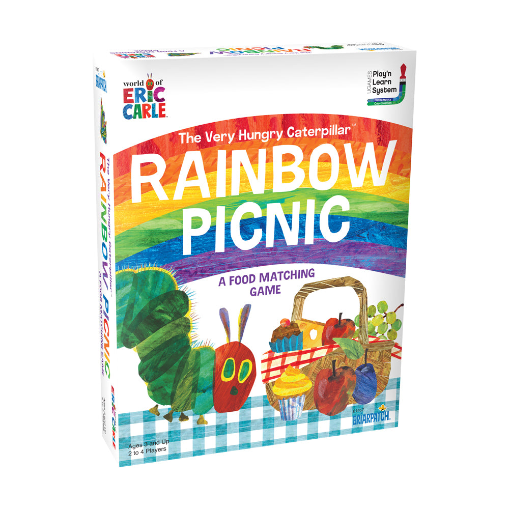 The Very Hungry Caterpillar Rainbow Picnic board game box featuring a colorful rainbow banner, illustrated caterpillar, and picnic basket with food items for ma