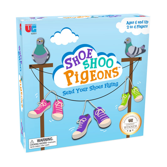 Shoe Shoo Pigeons board game box featuring colorful sneakers hanging from clotheslines with illustrated pigeons perched on poles, ages 6 and up, 2 to 4 players