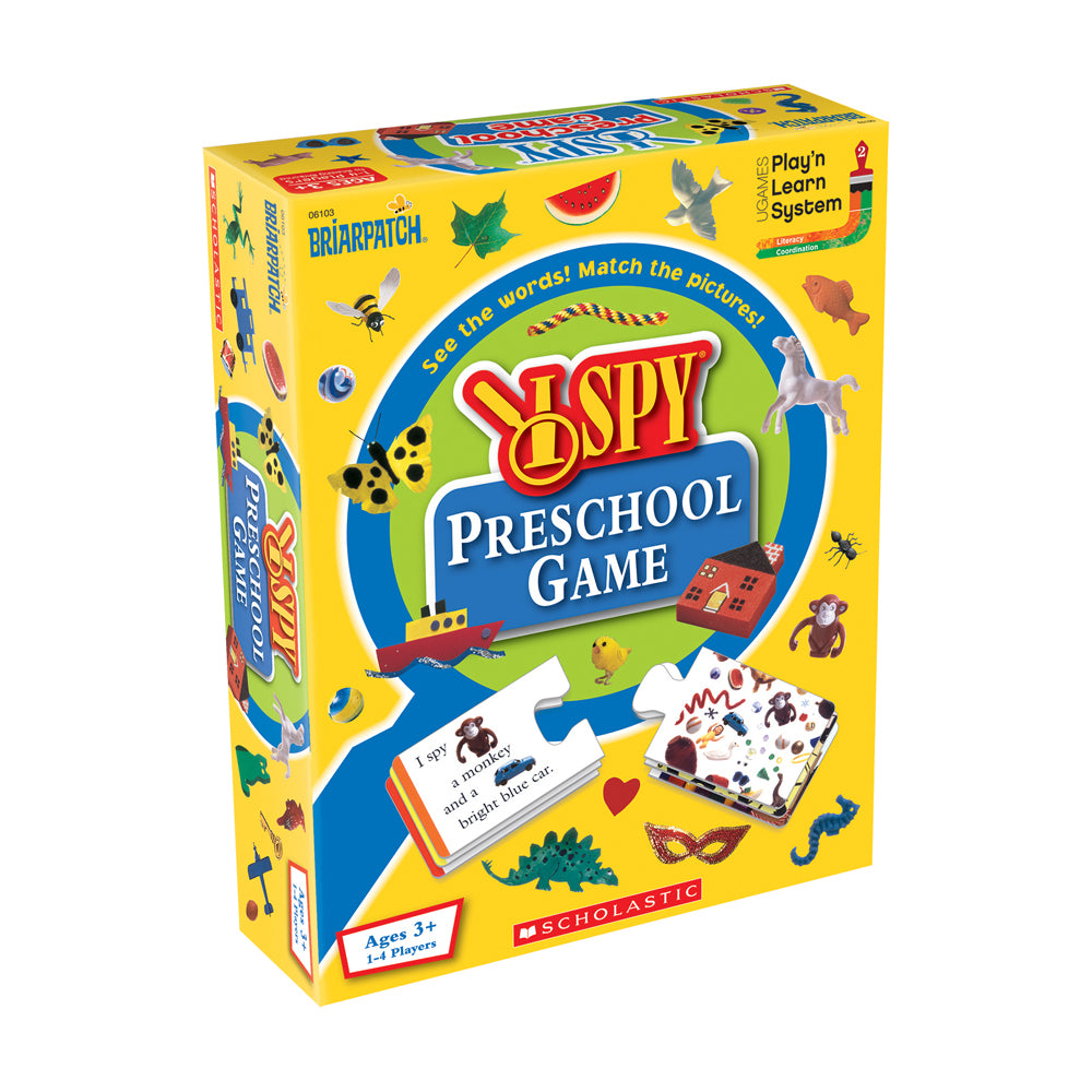 I Spy Preschool Game box showing yellow packaging with colorful illustrations of animals, insects, and objects, featuring the game title and cards visible on fr