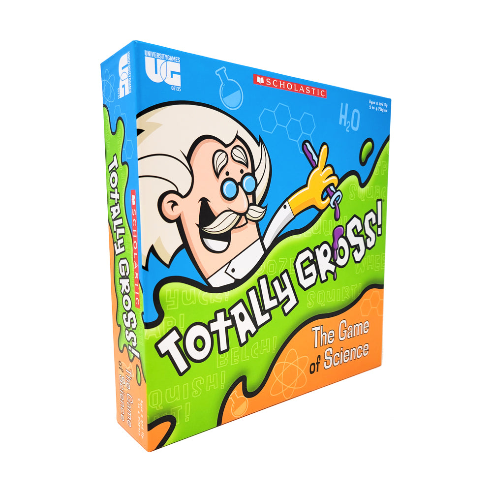 Totally Gross! The Game of Science board game box featuring a cartoon scientist character with white hair and blue glasses on blue, green, and orange packaging