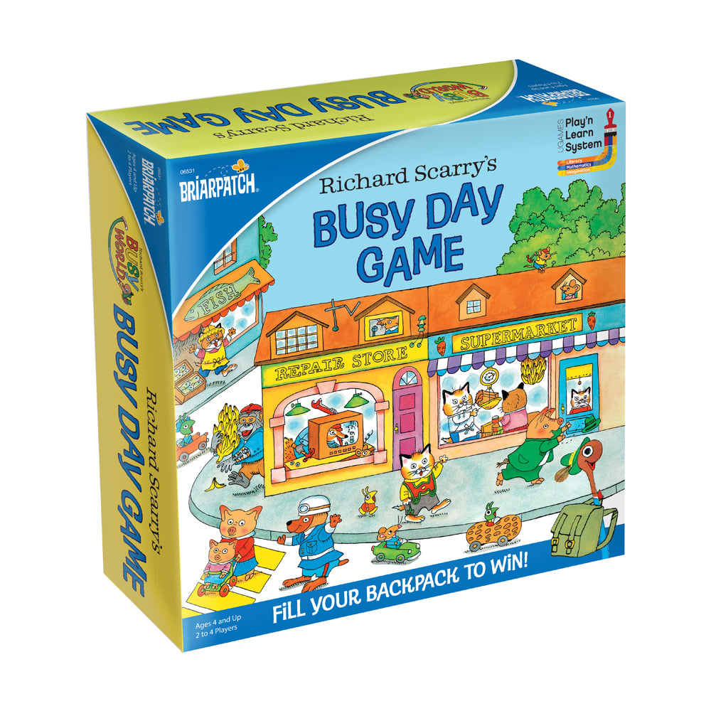 Richard Scarry's Busy Day Game board game box featuring colorful illustrated street scene with shops, cartoon animal characters, and text 'Fill Your Backpack to
