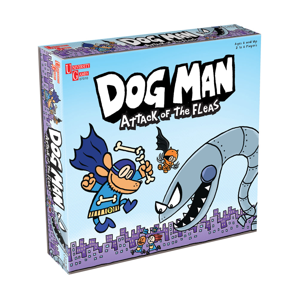 Dog Man Attack of the Fleas board game box featuring cartoon dog character in blue cape holding bones, alien spacecraft, and purple cityscape