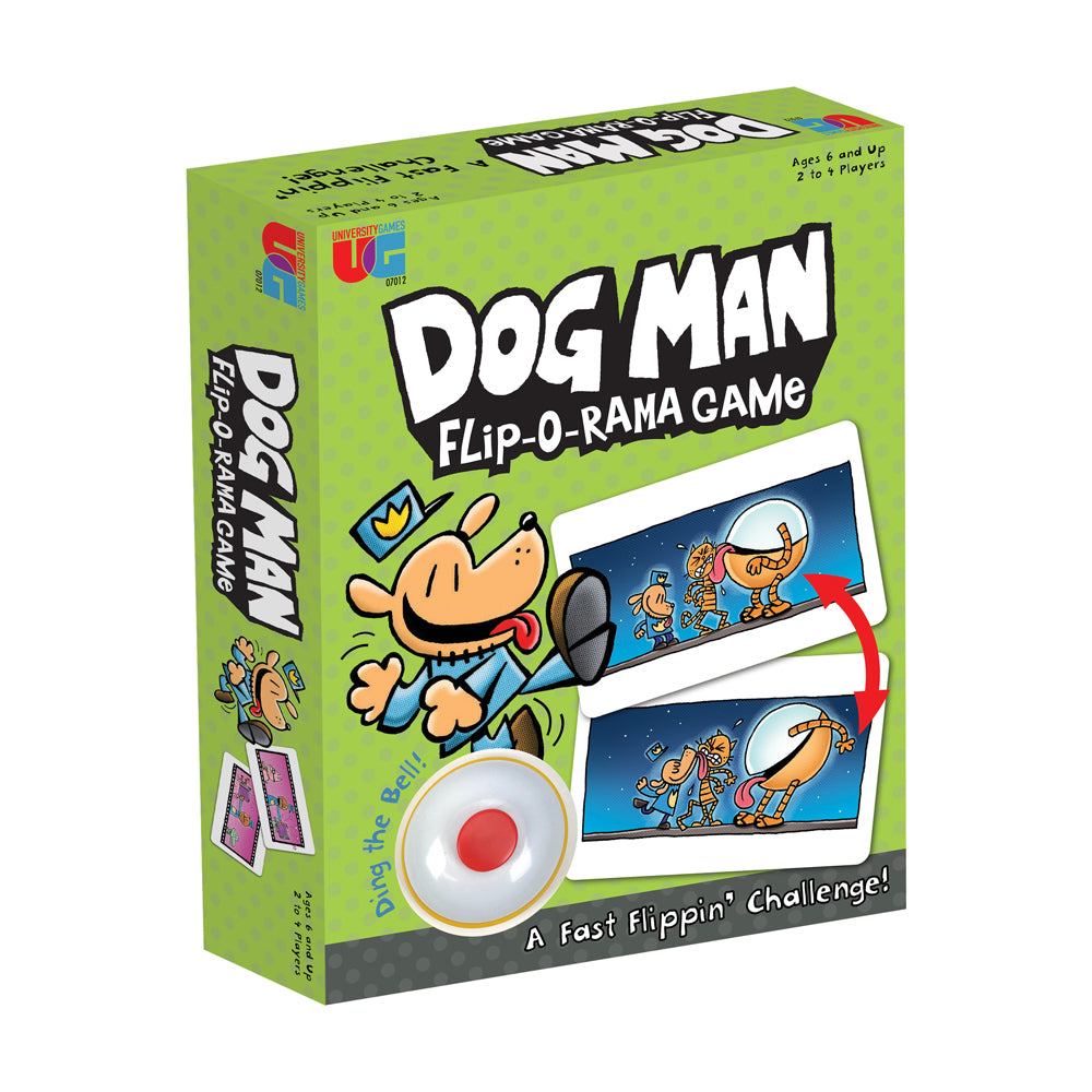 Dog Man Flip-O-Rama Game box showing cartoon dog character with megaphone, spinning dial mechanism, and game cards with matching scenes, ages 6 and up for 2 to
