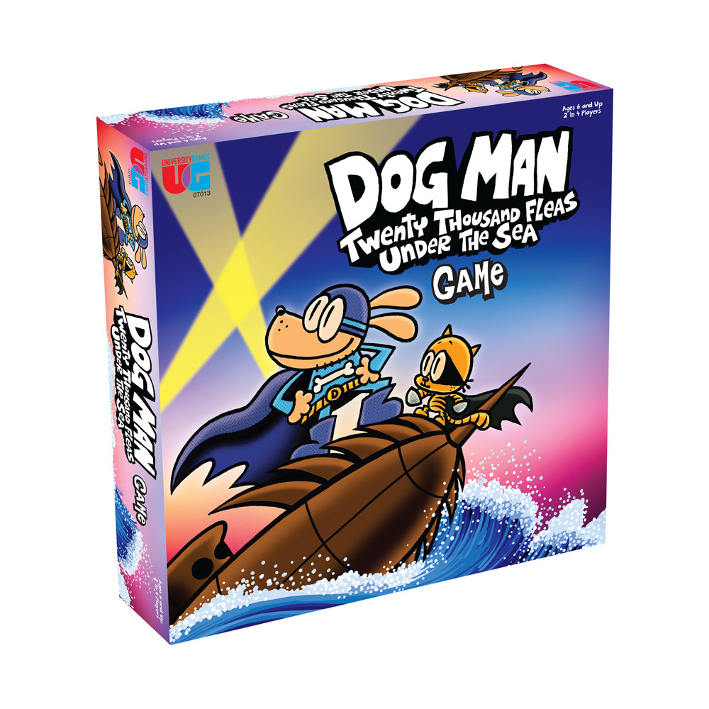 Dog Man: Twenty Thousand Fleas Under the Sea board game box featuring cartoon dog man character and yellow sidekick on giant flea, colorful ocean wave backgroun