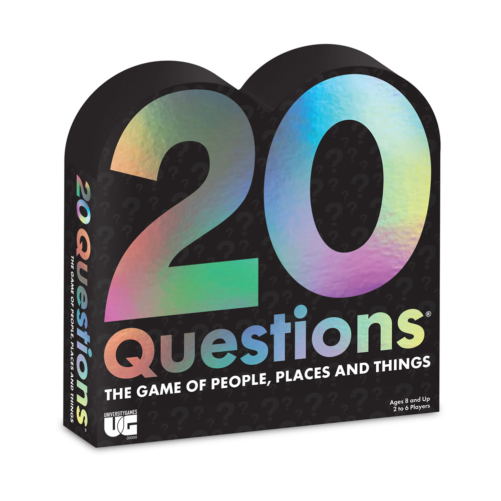20 Questions board game box featuring large gradient numbers 2 and 0 in rainbow colors on black background, subtitle reads "The Game of People, Places and Thing