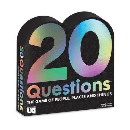 20 Questions board game box featuring large gradient numbers 2 and 0 in rainbow colors on black background, subtitle reads "The Game of People, Places and Thing