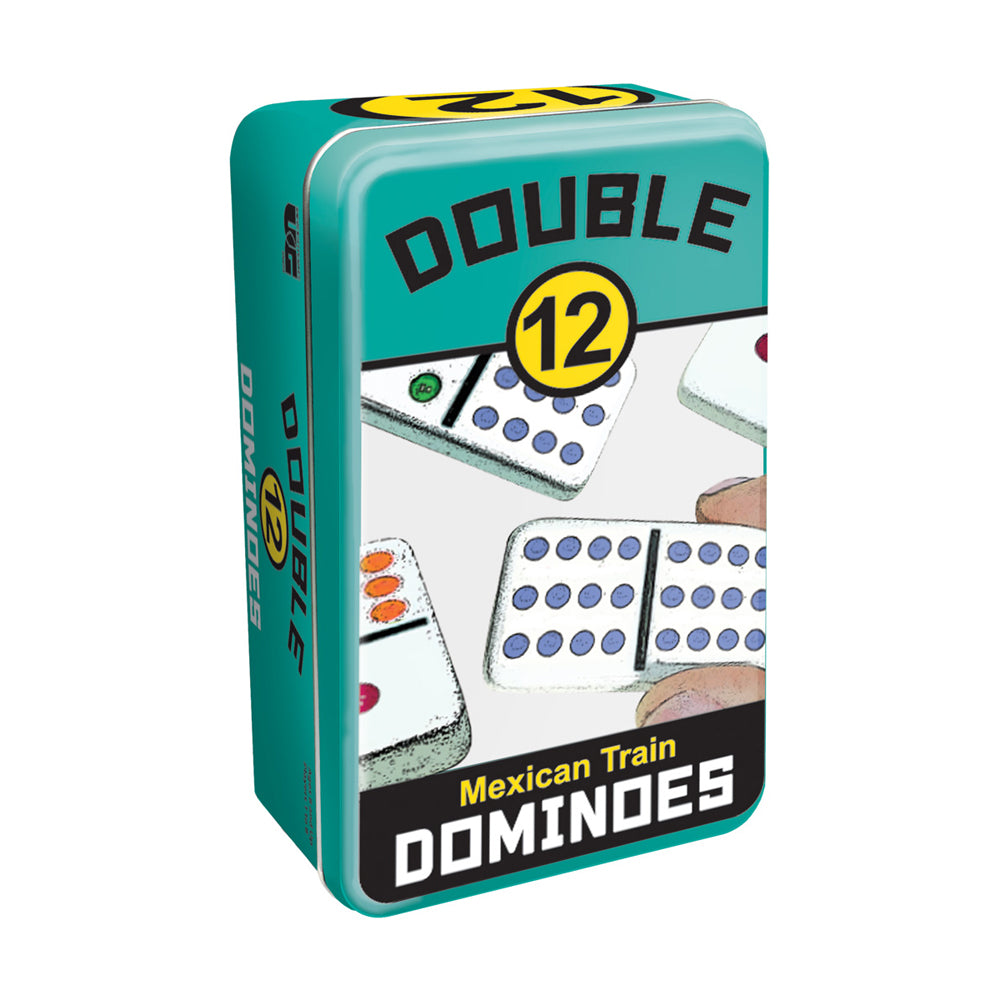 Double 12 Mexican Train Dominoes game set in turquoise storage tin, showing dominoes with blue dots and gameplay on plain background
