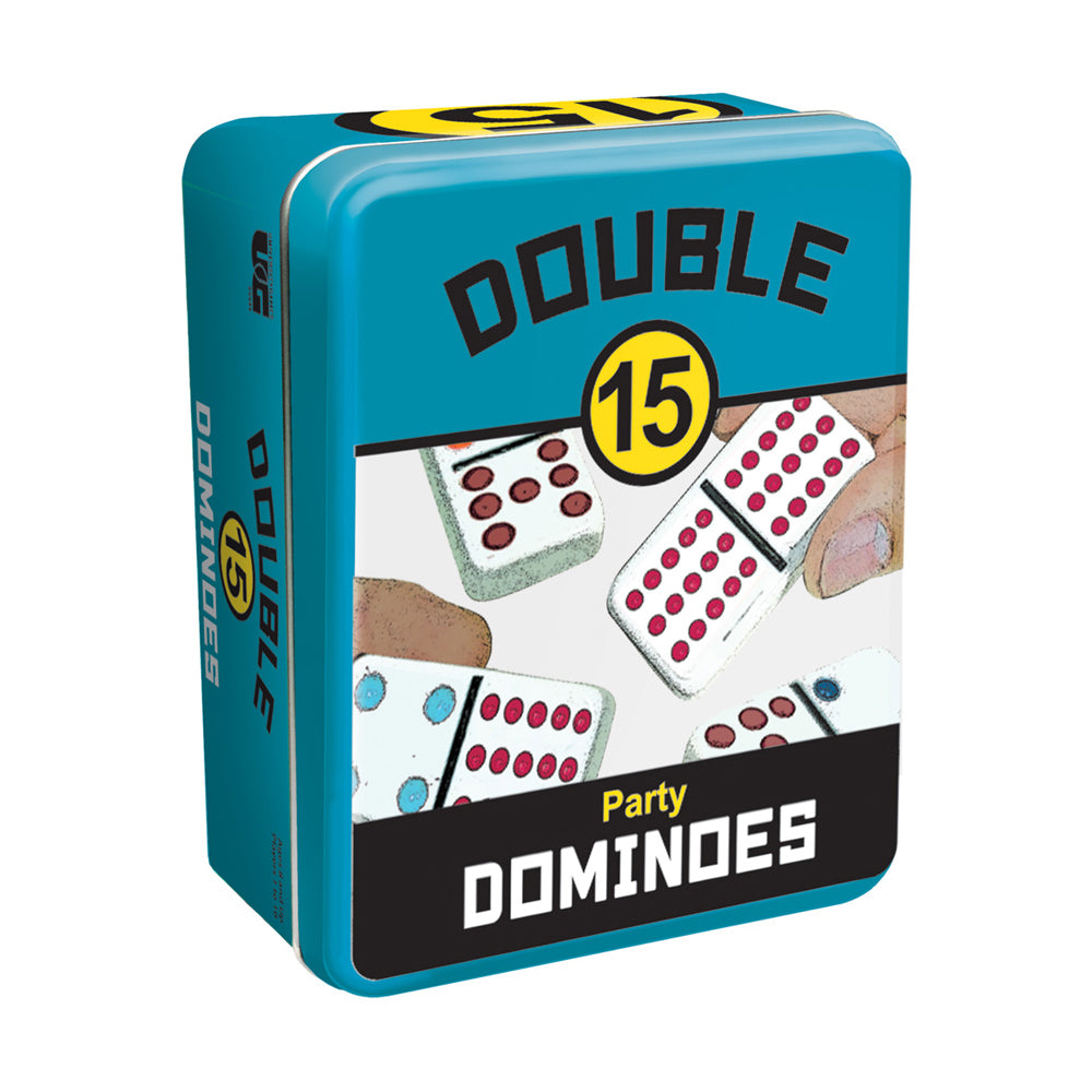 Double 15 Color Dot Dominoes Set with Durable Storage Tin in turquoise tin packaging with yellow and black accents