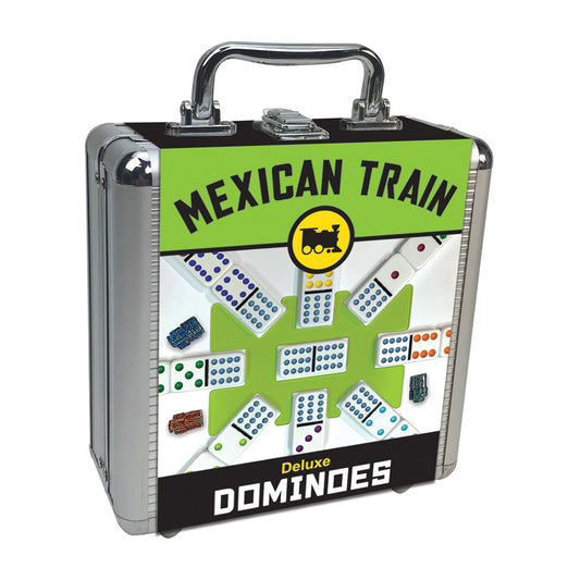 Mexican Train Deluxe Dominoes Set in silver carrying case with green and white packaging showing domino tiles and train logo