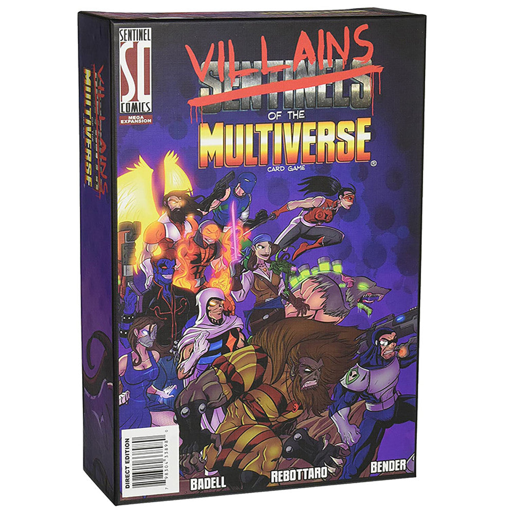 Villains of the Multiverse Expansion Card Game box featuring illustrated comic-style villain characters on purple background
