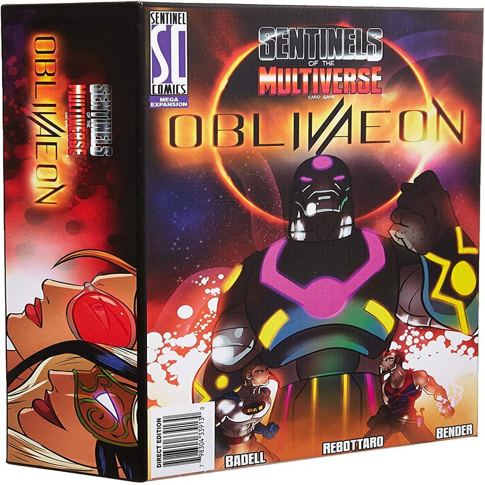 Sentinels of the Multiverse: Oblivaeon Expansion board game box featuring a large black robot with purple and neon accents against a cosmic background, with sma