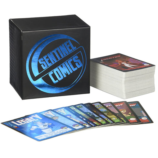 Sentinels of the Multiverse 5th Anniversary Foil Hero Collection card game with black box featuring blue circular logo, stack of cards, and fanned display of in