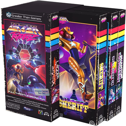 Lazer Ryderz 80's retro-style strategy board game box set with neon purple, pink, and yellow color scheme featuring futuristic characters and lightning bolt gra