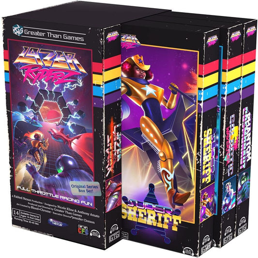 Lazer Ryderz 80's retro-style strategy board game box set with neon purple, pink, and yellow color scheme featuring futuristic characters and lightning bolt gra