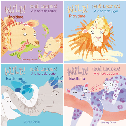 Four colorful board book covers from the Wild! Bilingual series by Courtney Dicmas: Mealtime with a lion and fish on purple, Playtime with a lion on blue, Batht