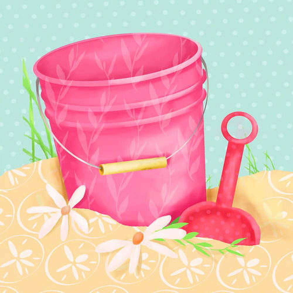 Pink mesh beach bucket with yellow handle and red shovel on sand with white flowers and green grass against light blue dotted background