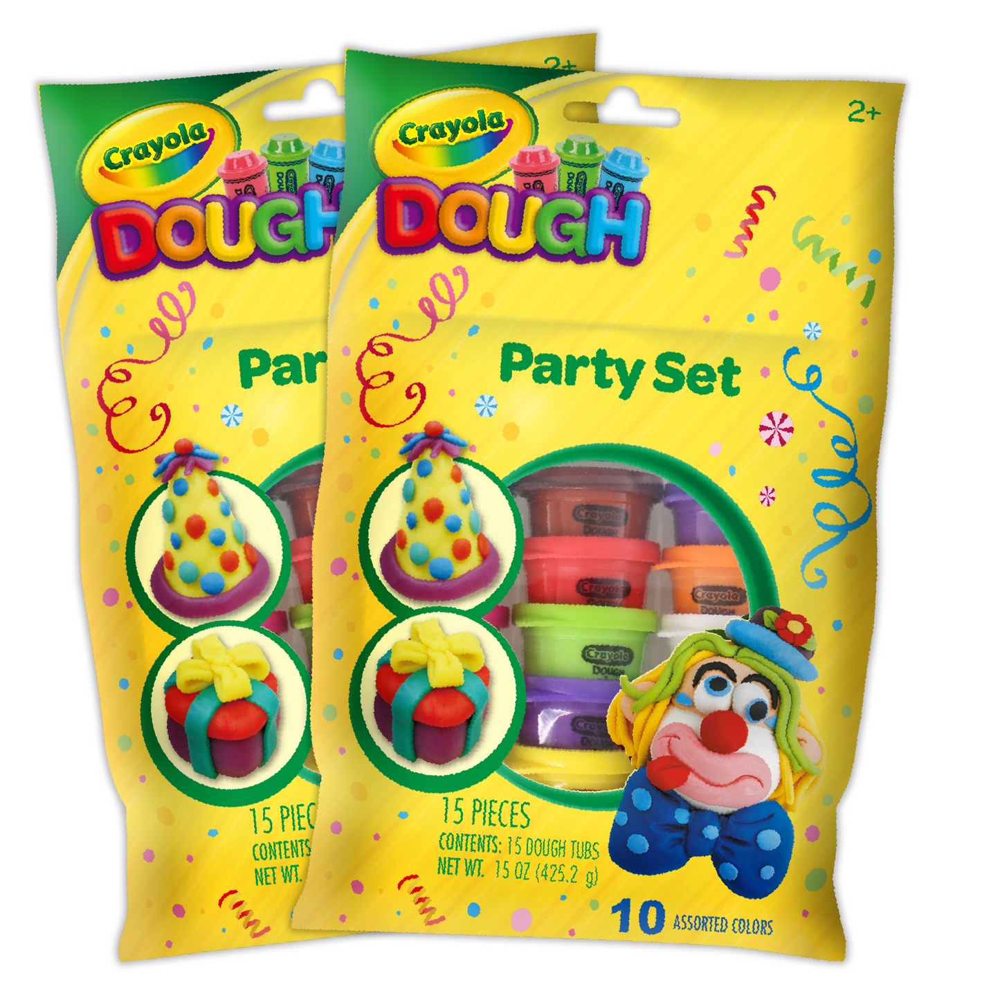 Two Crayola Dough Party Set packages with yellow and green packaging, showing colorful dough tubs, party hat designs, and clown character; 15 pieces per package