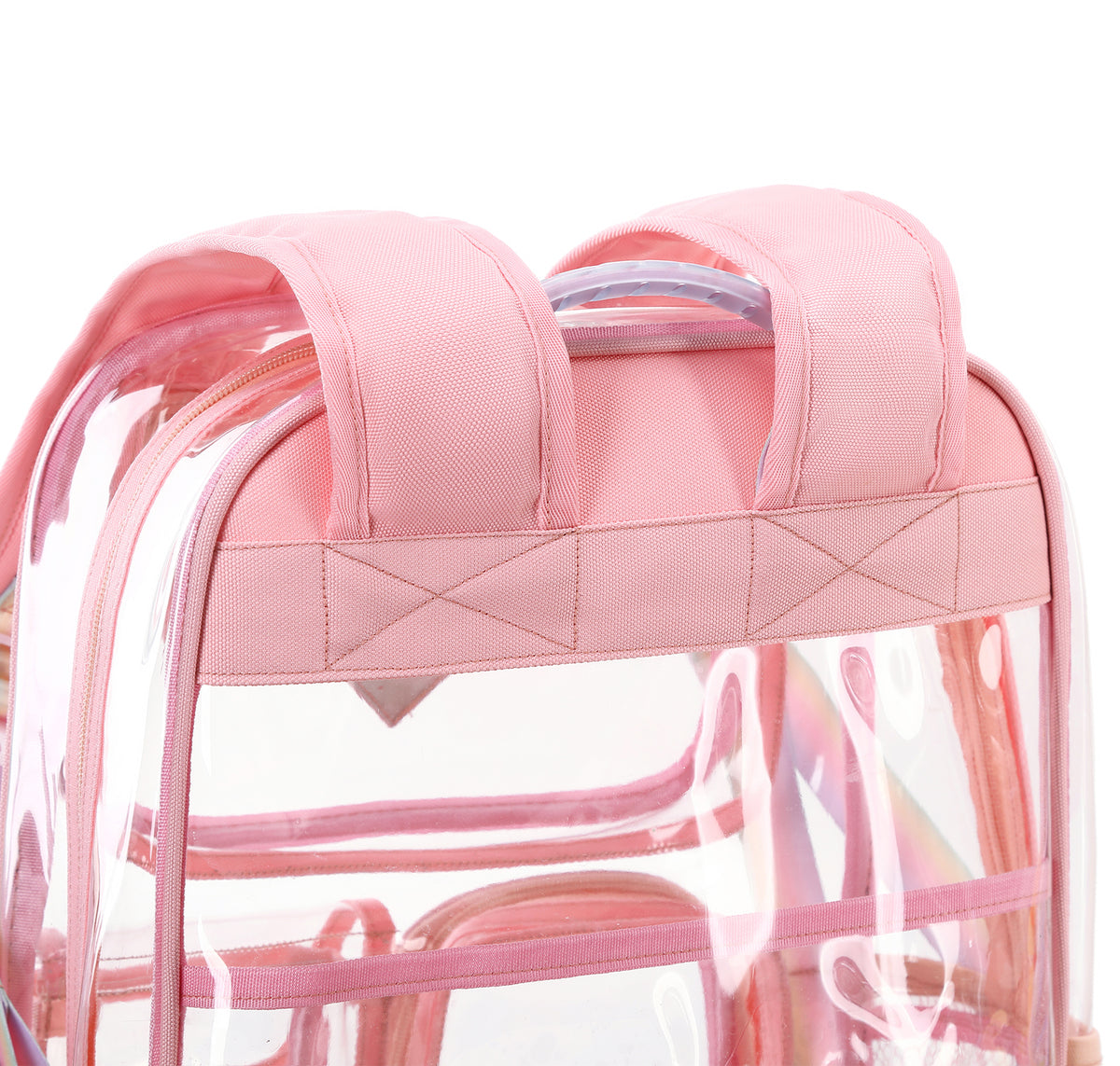 Pink clear backpack with padded straps and multiple compartments, shown on plain background