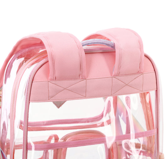 Pink clear backpack with padded straps and multiple compartments, shown on plain background