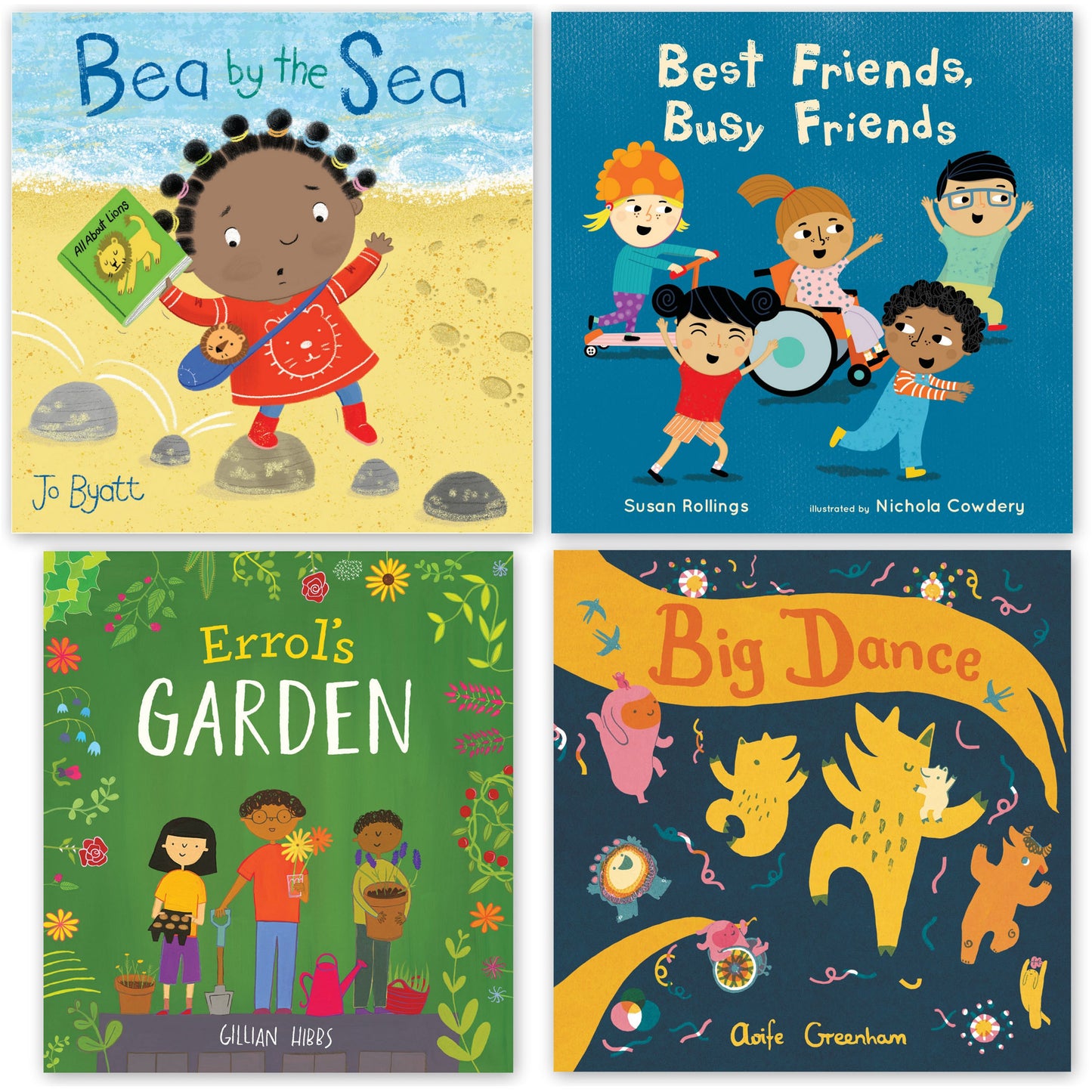 Four children's book covers: Bea by the Sea, Best Friends Busy Friends, Errol's Garden, and Big Dance